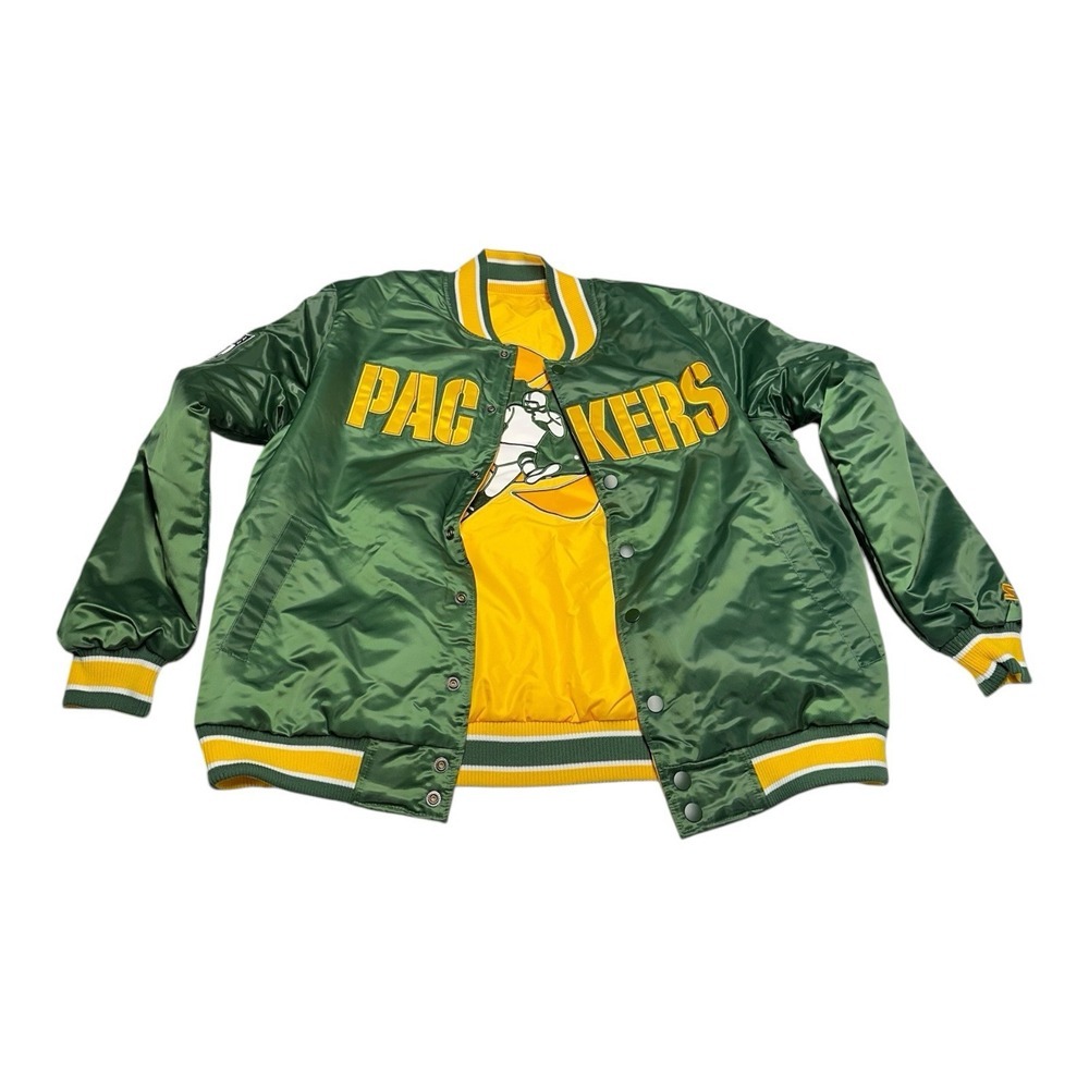 Starter Green Bay Packers Reversible Jacket Mens M NFL Faux Satin Bomber Retro